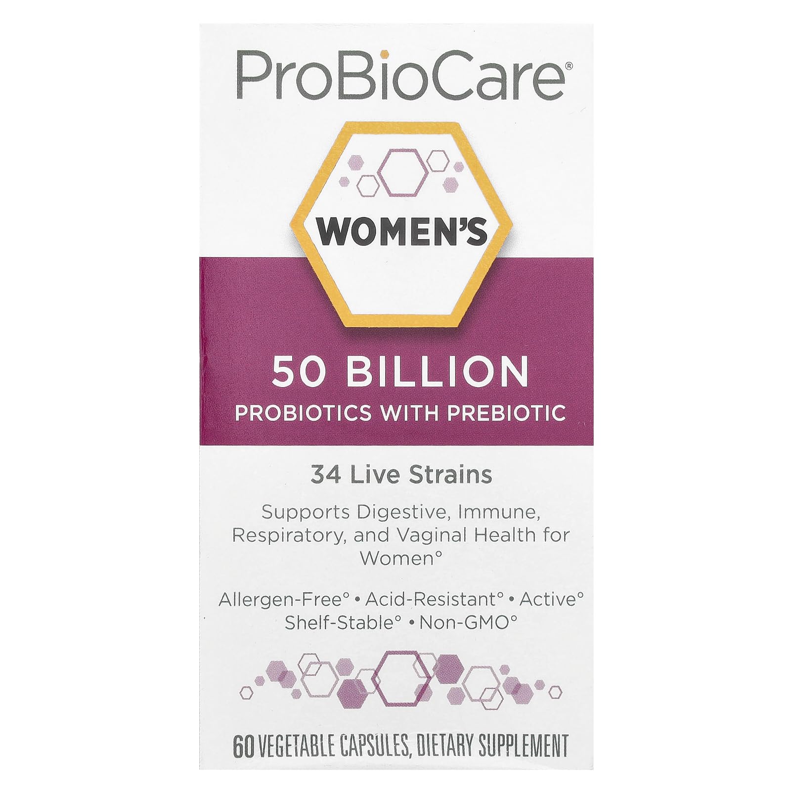 ProBioCare Women's Probiotic bottle pour highlighting high potency 50B CFUs for daily balance.