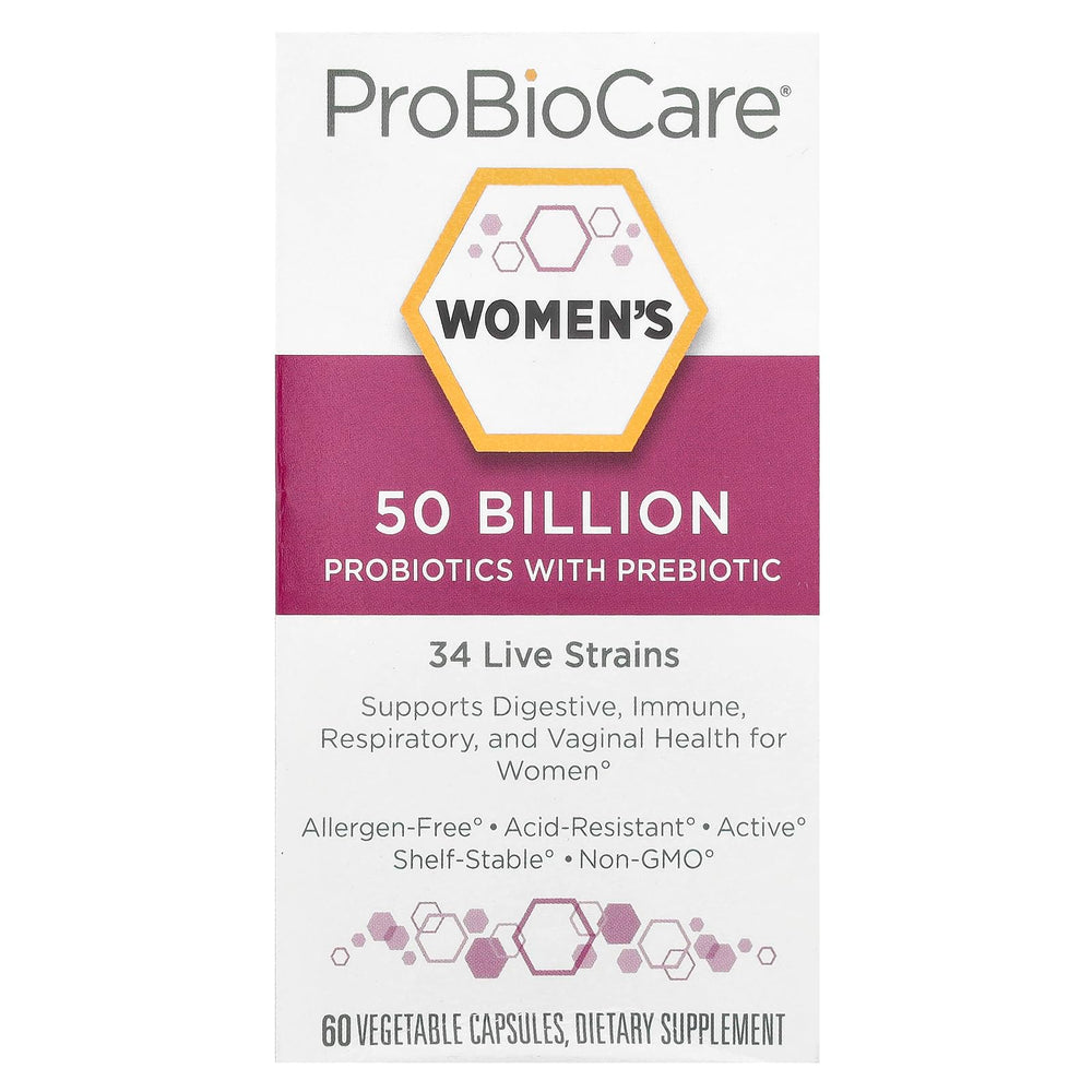 ProBioCare Women's Probiotic bottle pour highlighting high potency 50B CFUs for daily balance.