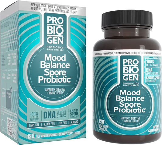 Probiogen Stress Mood Balance probiotic bottle promotes calm focus