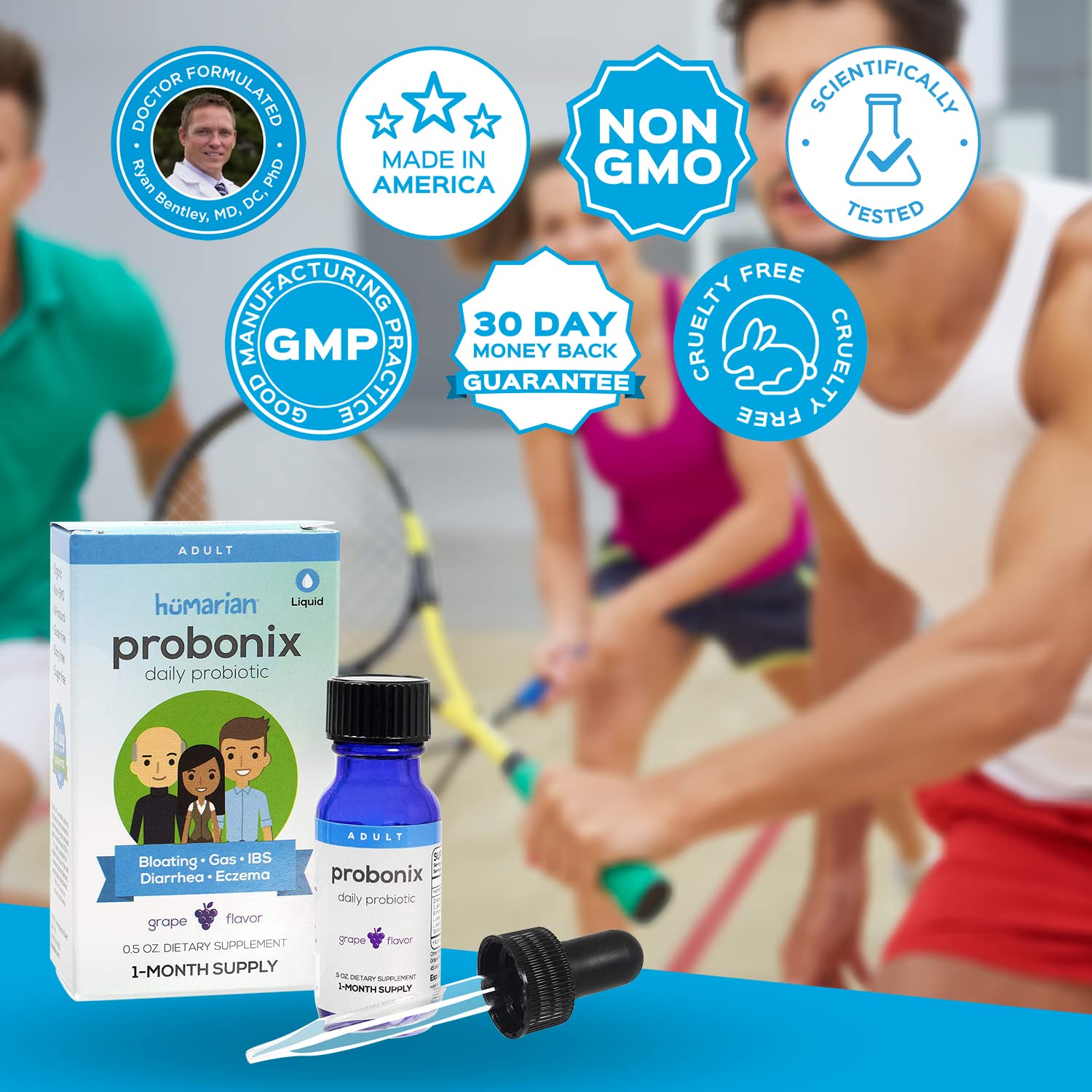 Probonix Humarian bottle with label highlighting 12-strain formula and acid-protection technology