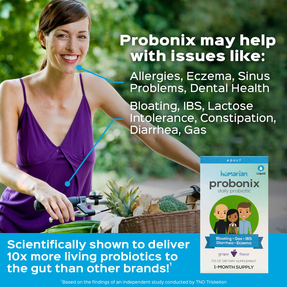 Probonix Humarian drops on tongue illustrating convenient daily probiotic dose and fast delivery