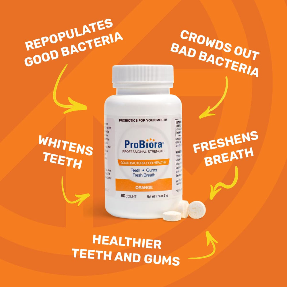 Close-up of ProBiora Health orange tablets for fresh breath.