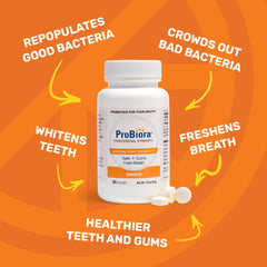 Close-up of ProBiora Health orange tablets for fresh breath.