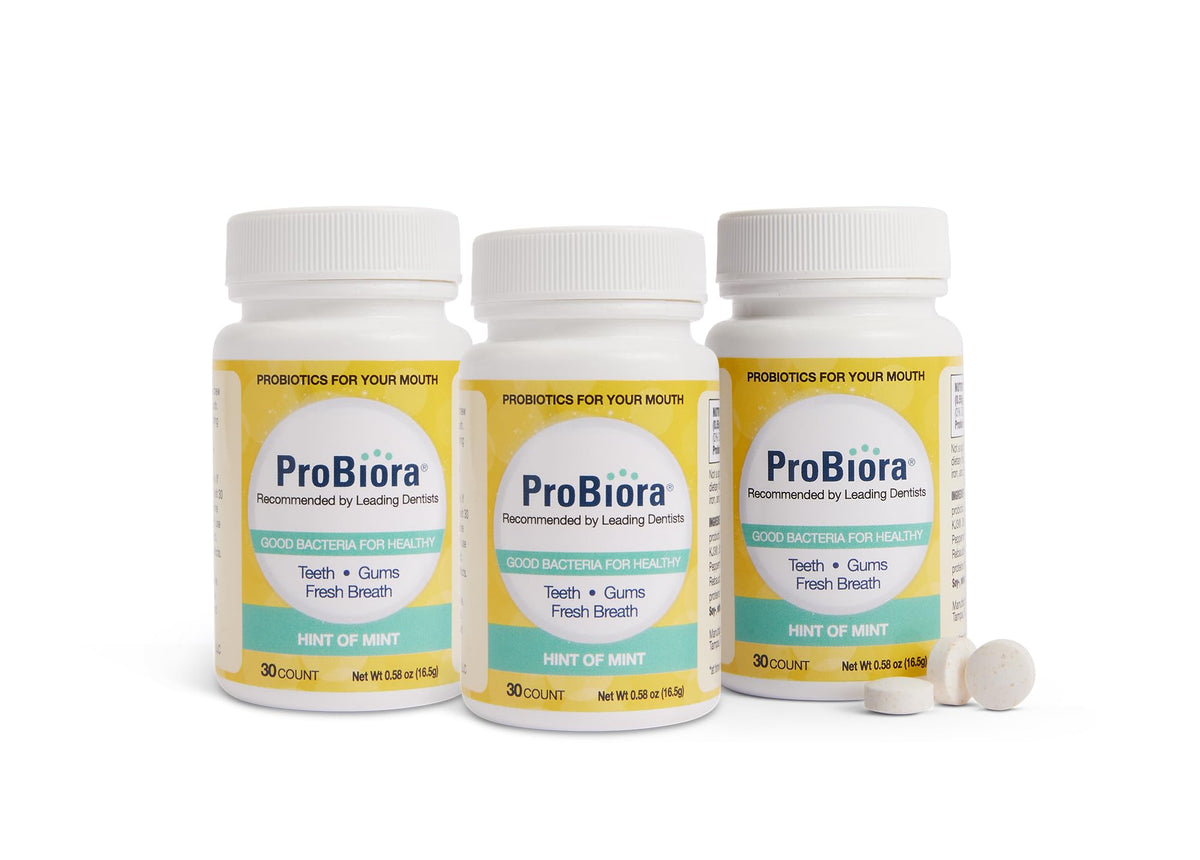 ProBiora Health packaging displaying probiotic tablets for daily oral care.