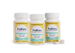 ProBiora Health packaging displaying probiotic tablets for daily oral care.