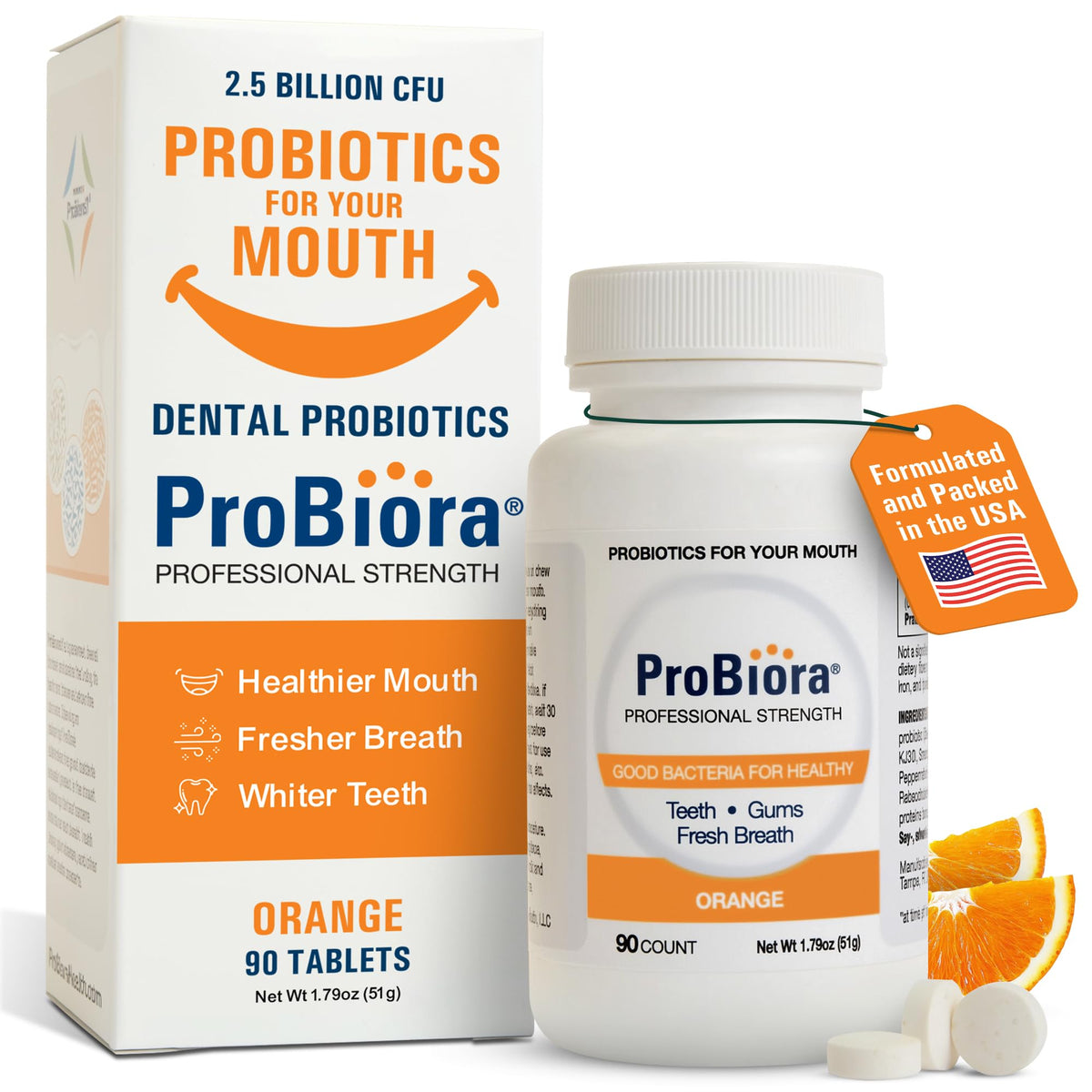ProBiora Health orange-pack tablets for daily oral balance and freshness.
