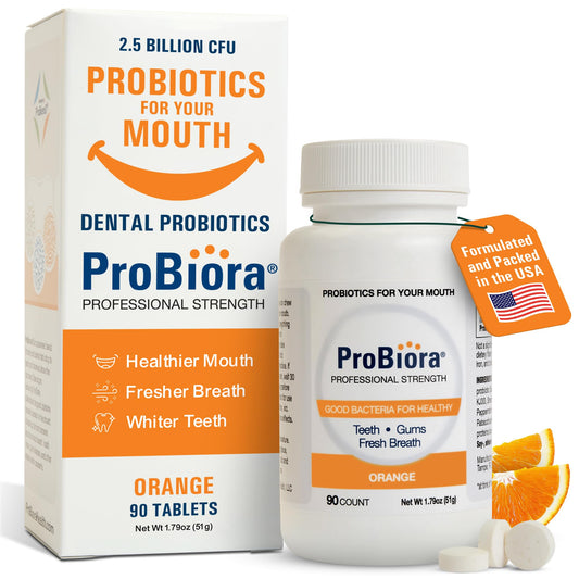 ProBiora Health orange-pack tablets for daily oral balance and freshness.