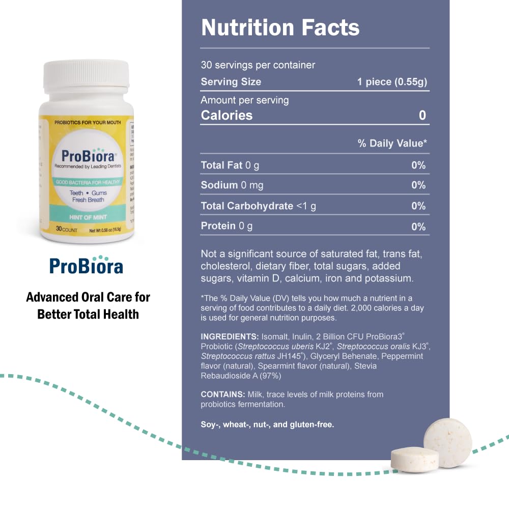 Close-up of a ProBiora Health tablet being chewed for nightly use.