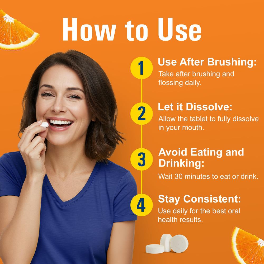 Whitening support through gentle peroxide release by ProBiora Health tablets.