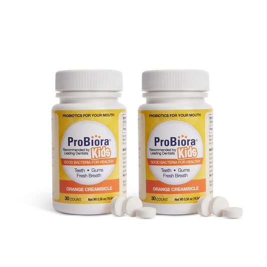 Probiora Kids orange creamsicle chewable tablet supports fresher breath and healthier gums