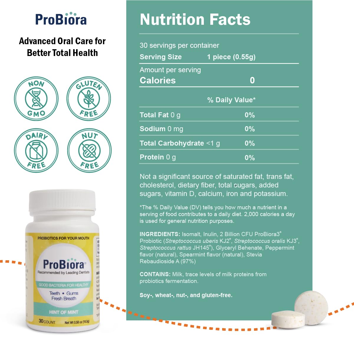ProBiora Mint tablets close-up for convenient fresh breath support