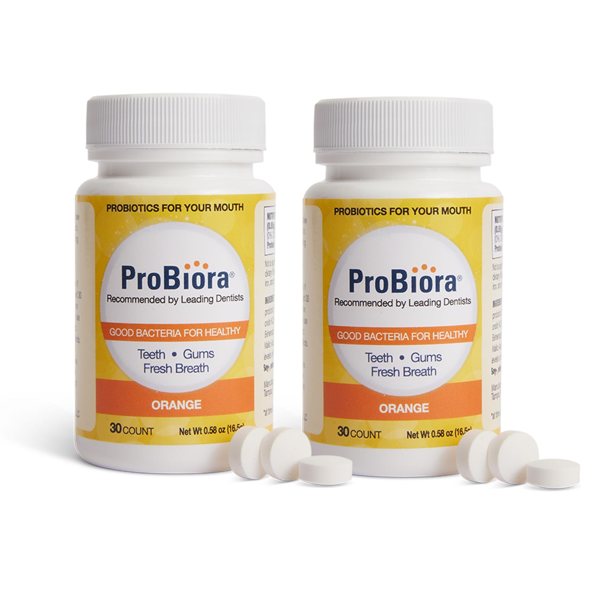 ProBiora Oral-Care orange pack front showing convenient daily probiotic tablets