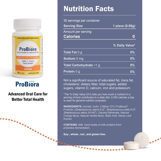 Close-up of ProBiora chewable tablet dissolving for nightly use