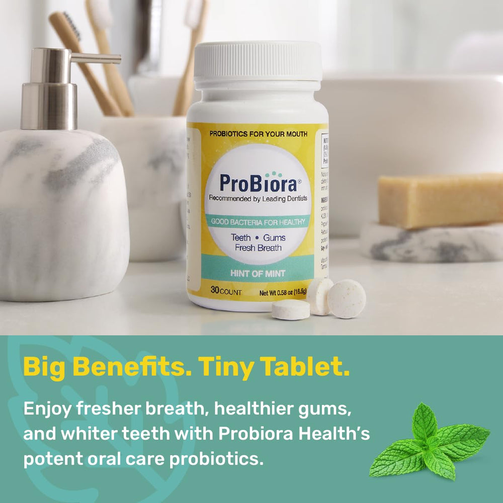 ProBiora Tablet texture close-up highlights enamel-friendly formula