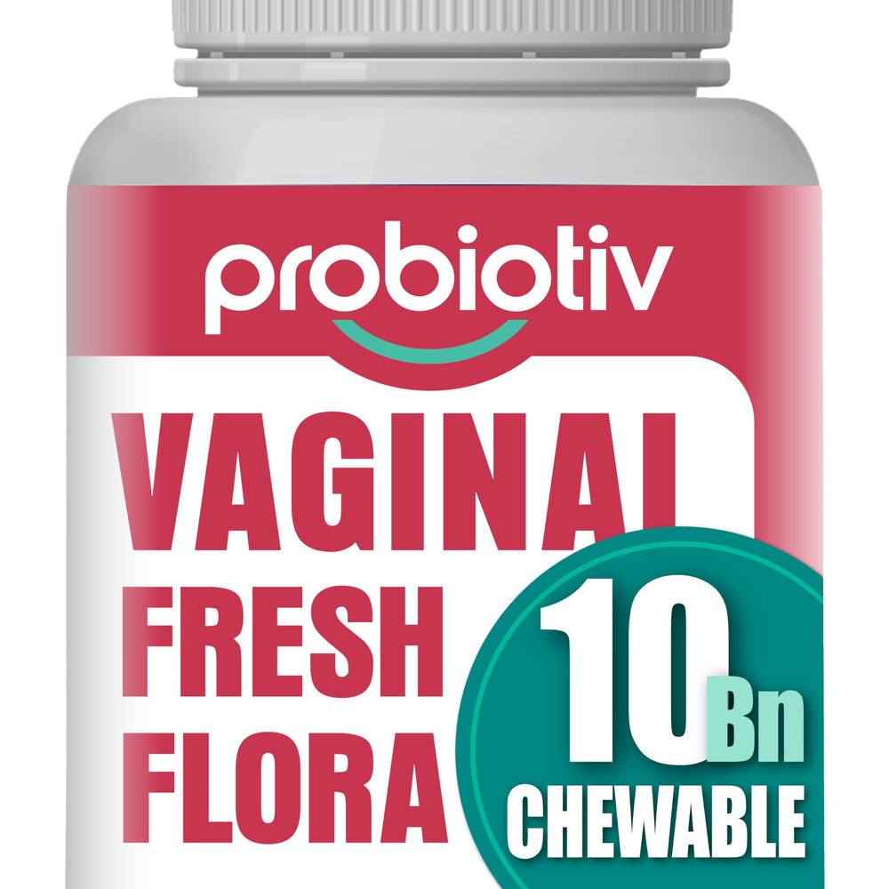 Probiotiv chewable vaginal probiotic bottle front strawberry flavor for daily freshness.