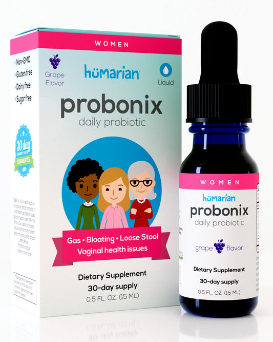 Probonix Humarian bottle with drops promotes gut and vaginal health.