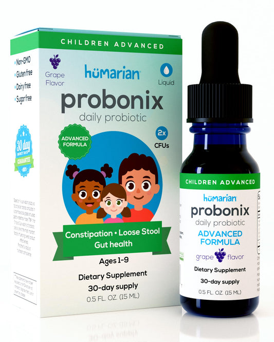 Probonix Kids bottle pour illustrates easy daily dosing for gut support.