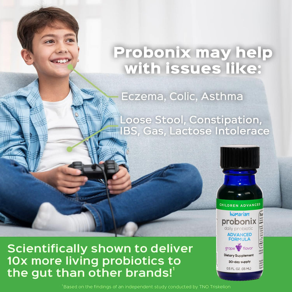 Probonix Kids dose-on-tongue demonstrates simple administration for busy mornings.
