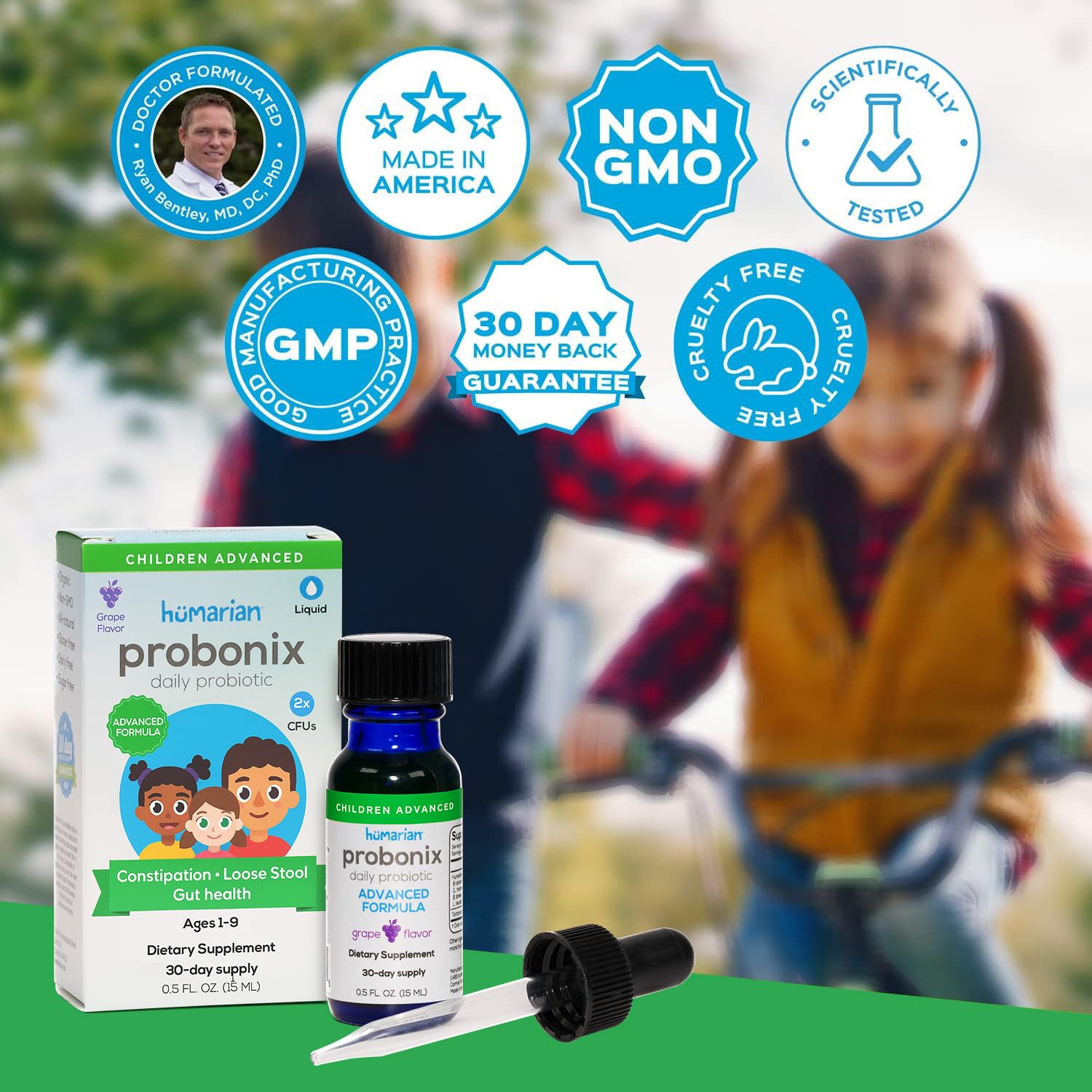 Probonix Kids label closeup emphasizes organic, non-GMO formulation.
