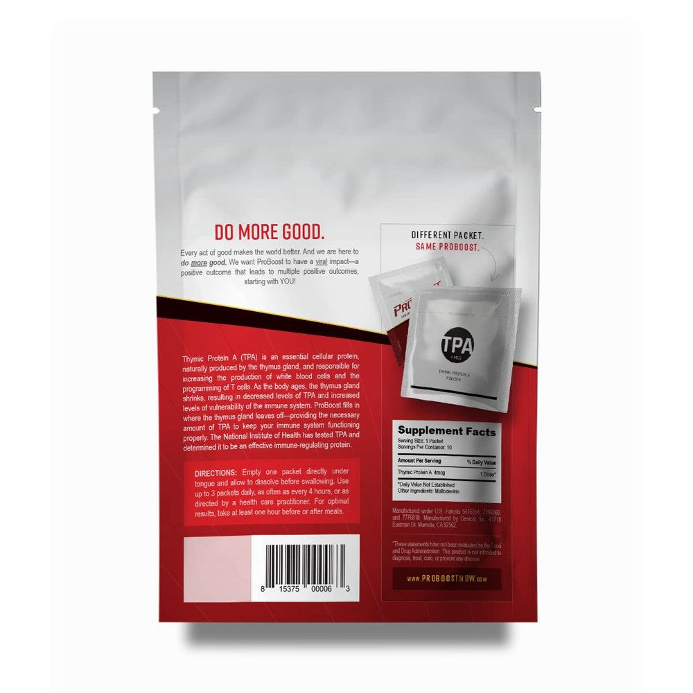 ProBoost Thymic Protein A packets immune-support potential during daily routines.