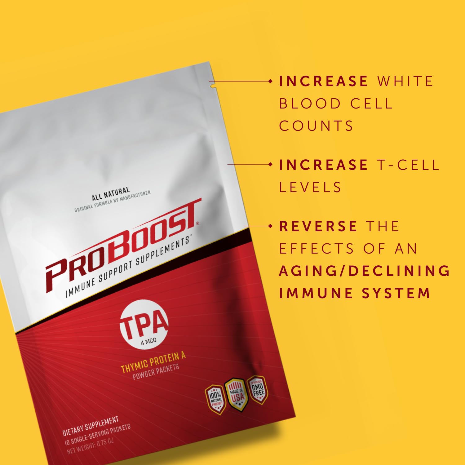 ProBoost Thymic Protein A packets sublingual-dissolve action for fast absorption.