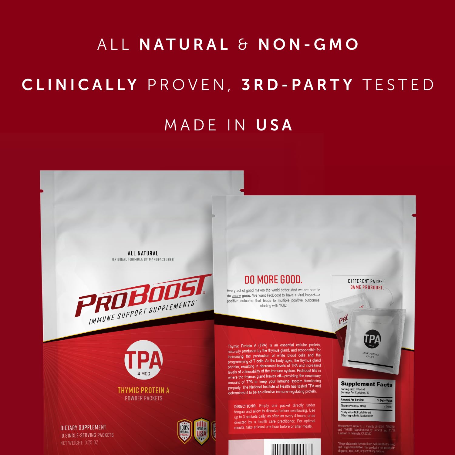 ProBoost Thymic Protein A packets USA-made facility highlight, quality you can trust.