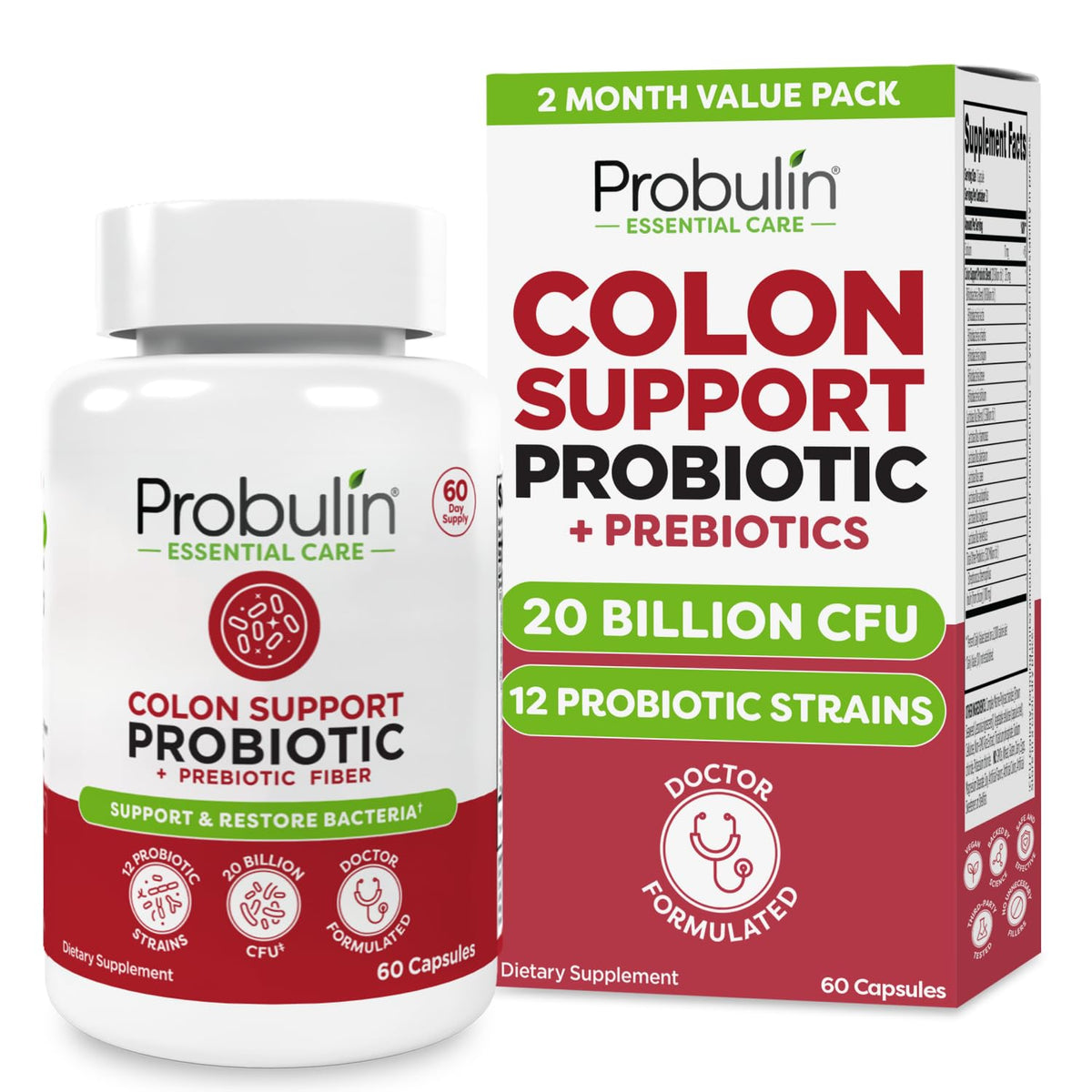 Probulin Colon Support bottle front shows vegan capsules for daily gut wellness.