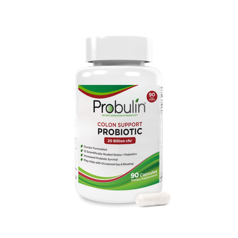 Probulin Colon Support bottle front showing 90 capsules for daily gut care