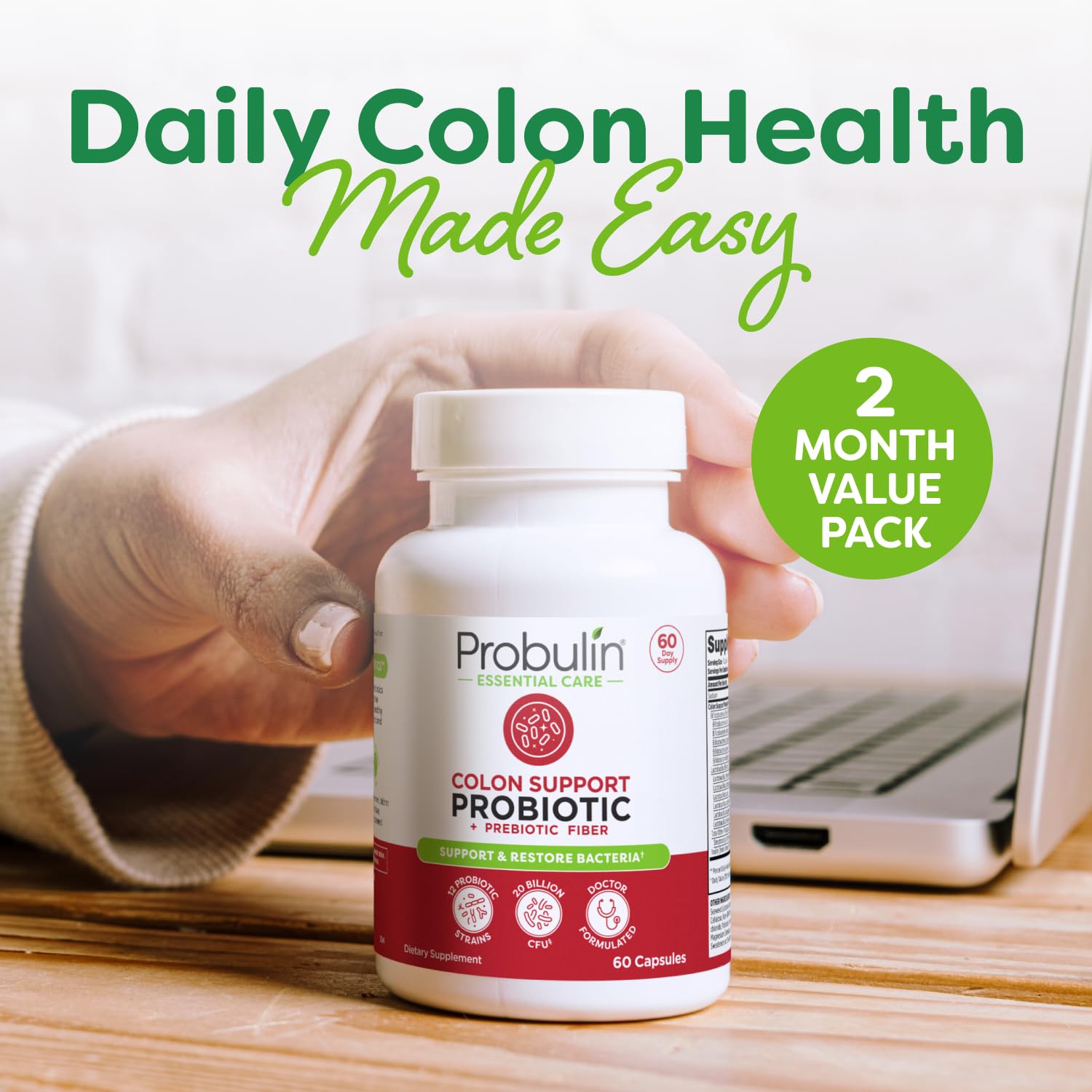 Probulin Colon Support bottle pour shot demonstrates easy daily dose.