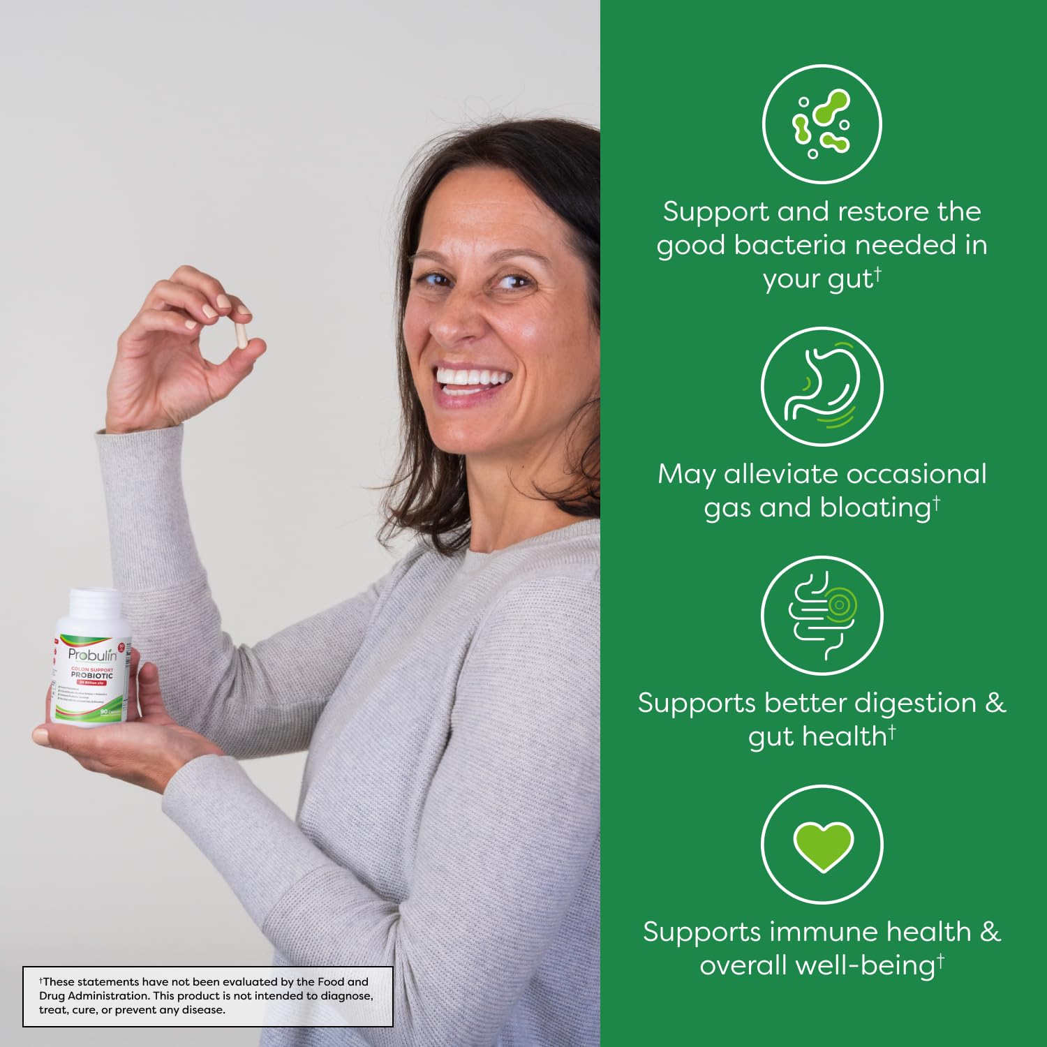 Probulin Colon Support label close-up highlighting vegan 20B CFU formula for gut balance