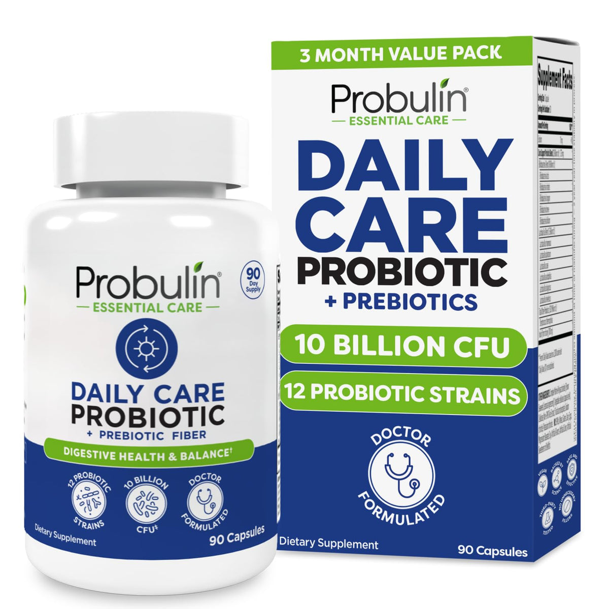 Probulin Daily Care bottle front showing vegan probiotic formula for daily digestion support.