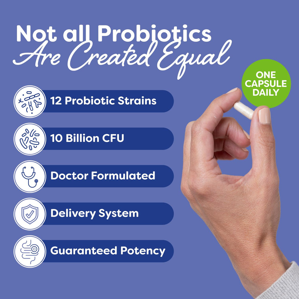 Close-up of Probulin Daily Care capsules highlighting 10B CFU potency for balanced gut health.