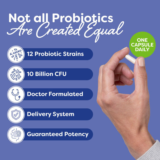 Close-up of Probulin Daily Care capsules highlighting 10B CFU potency for balanced gut health.