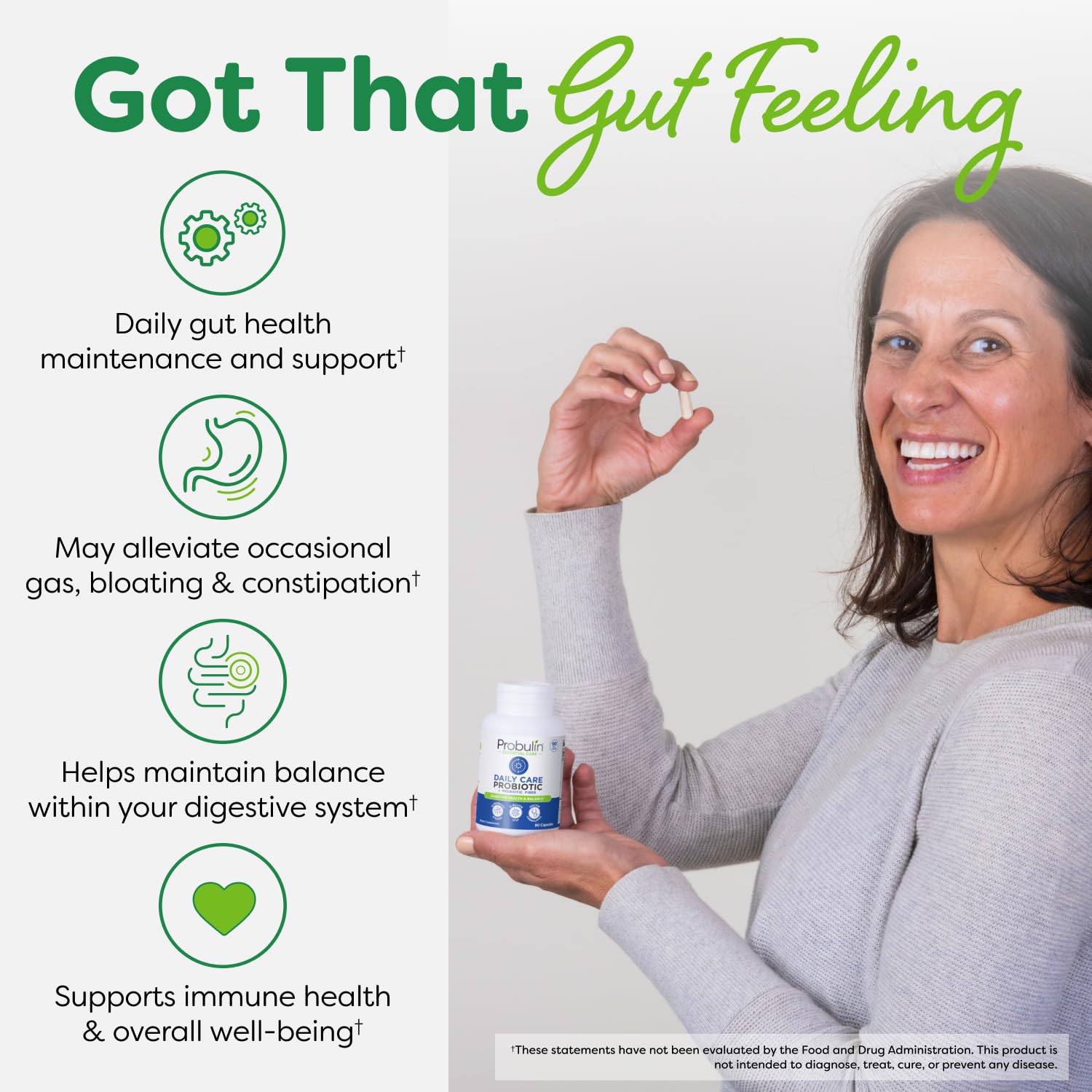 Probulin Daily Care vegan capsules on a plain background, emphasizing plant-based ingredients.