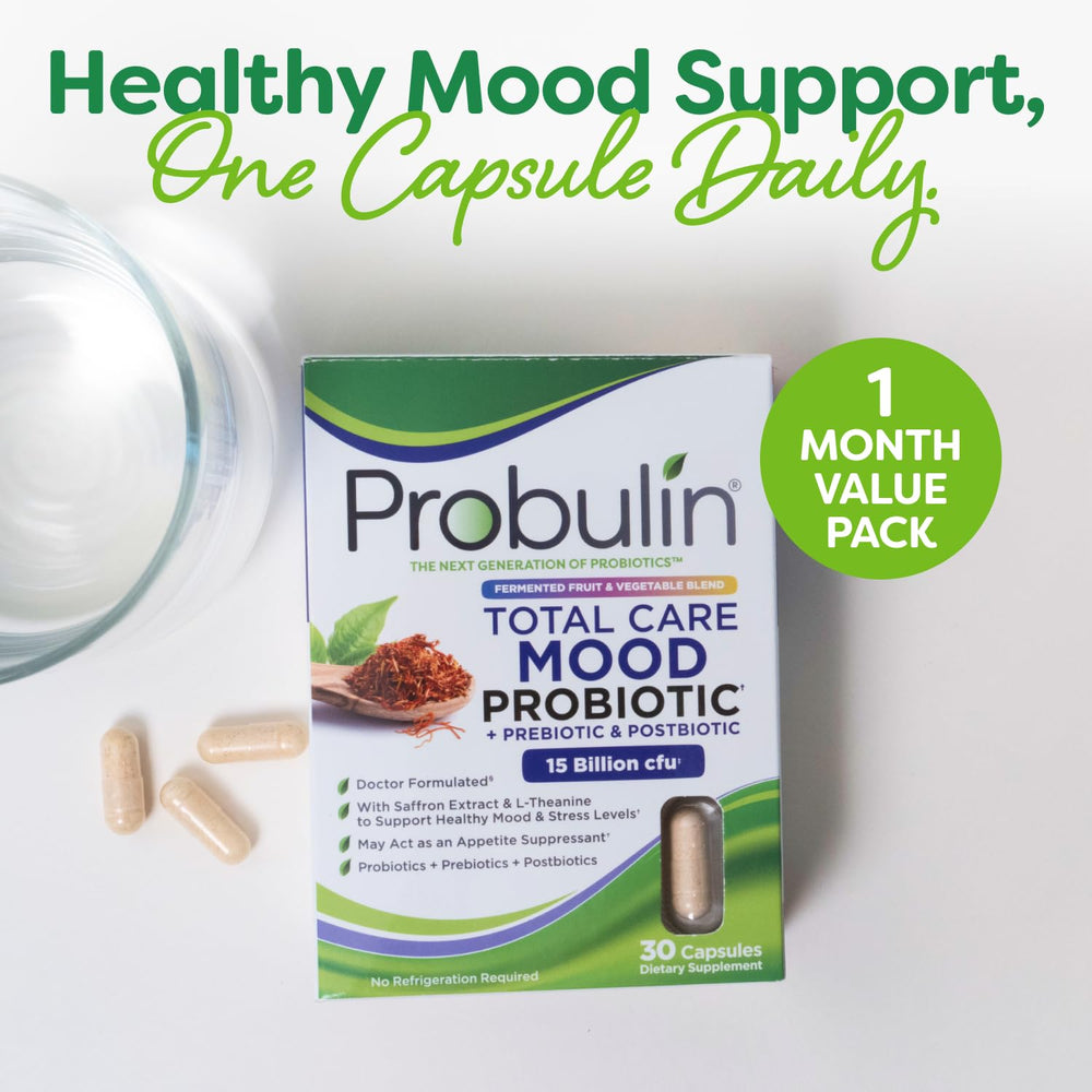 Probulin Mood Probiotics ingredients panel with prebiotic fiber and saffron