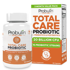Probulin Total Care bottle front showing vegan probiotic capsules for daily gut support