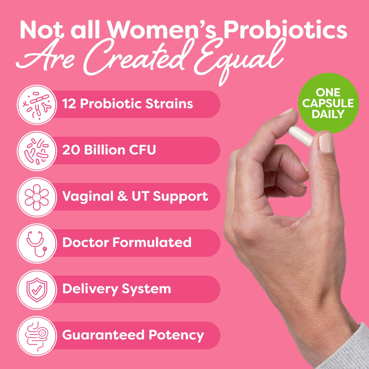 Probulin Women's Probiotic bottle back label highlighting 20B CFU and 12 strains.