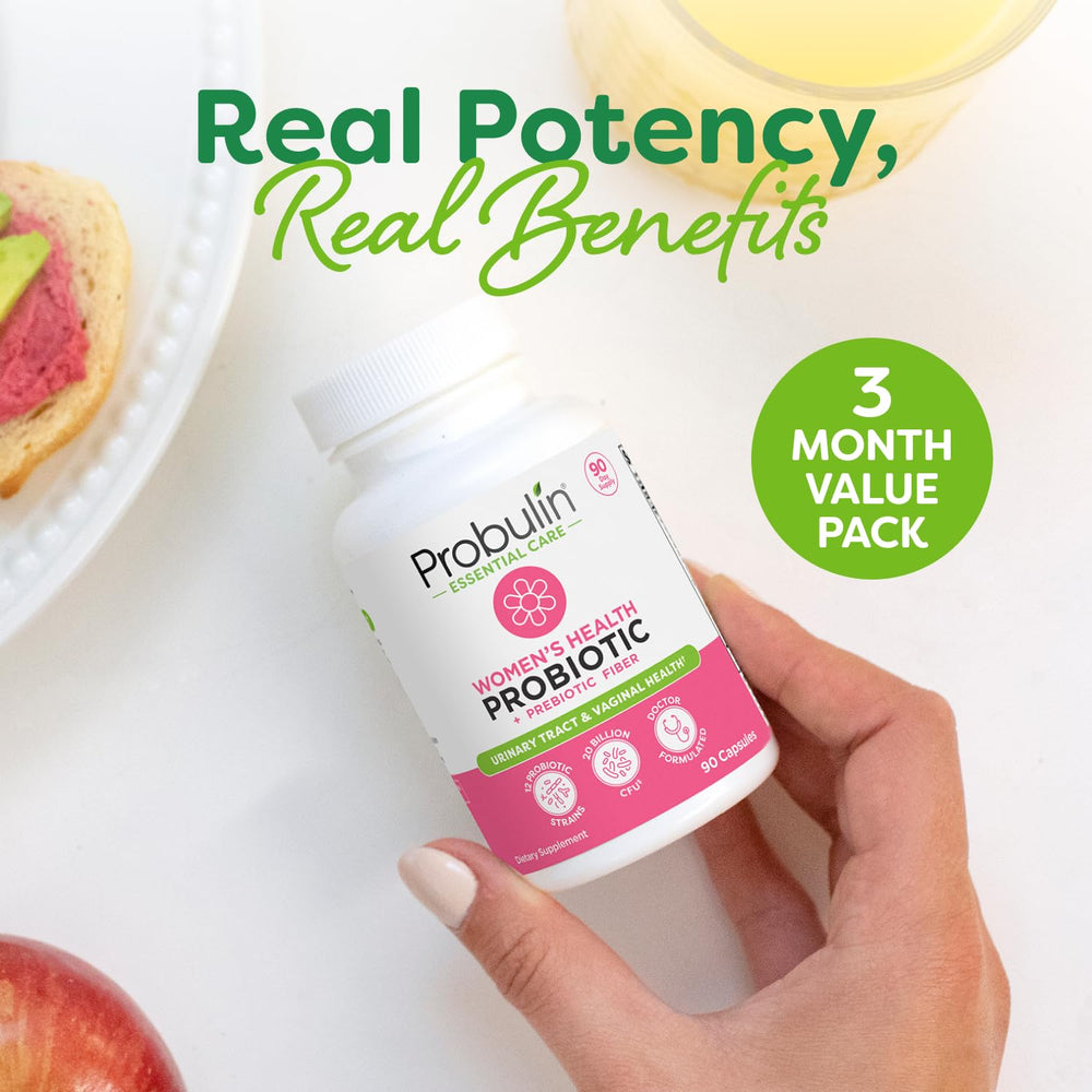 Probulin Womens Probiotic ingredients panel showcases prebiotic fiber and 12 strains