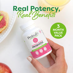 Probulin Womens Probiotic ingredients panel showcases prebiotic fiber and 12 strains