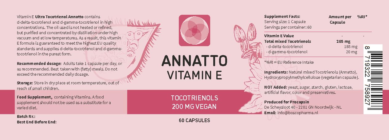 Procapsin annatto tocotrienols bottle shot, vegan vitamin E for convenient daily use.
