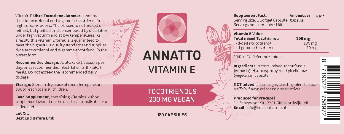 Procapsin Annatto Tocotrienols capsules—tocopherol-free vegan Vitamin E option.