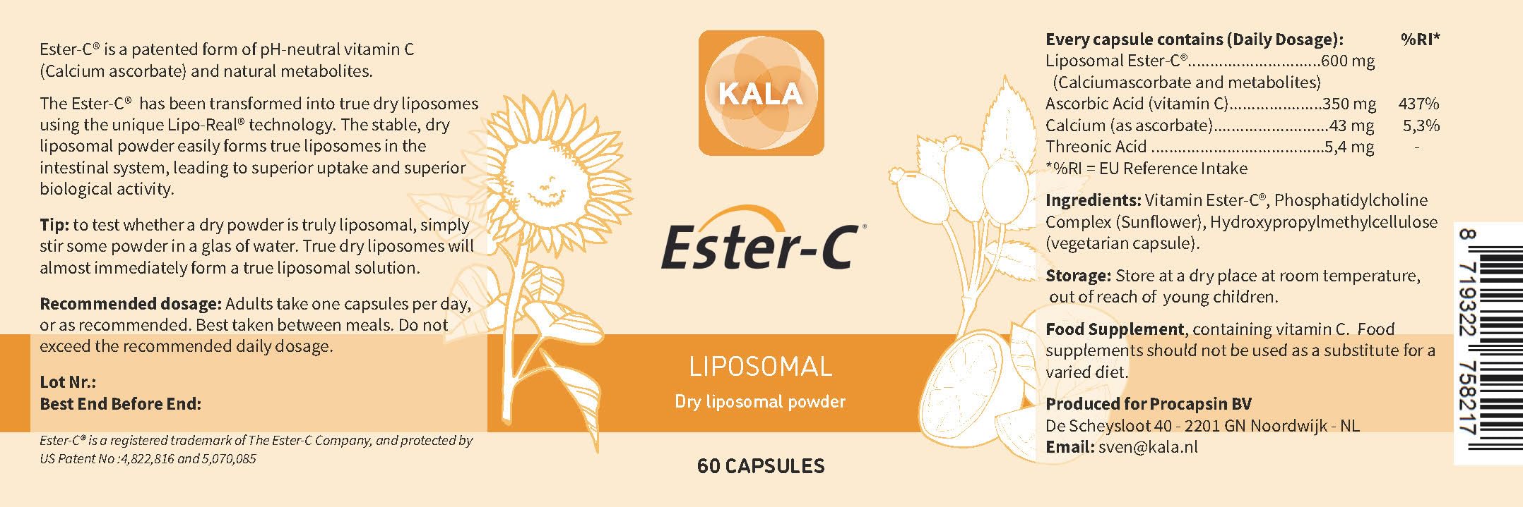 Procapsin Liposomal Ester C capsules highlighting gentle, stomach-friendly vitamin C
