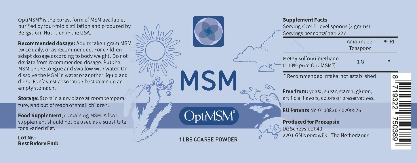 Procapsin OptiMSM powder with scoop for convenient daily serving.
