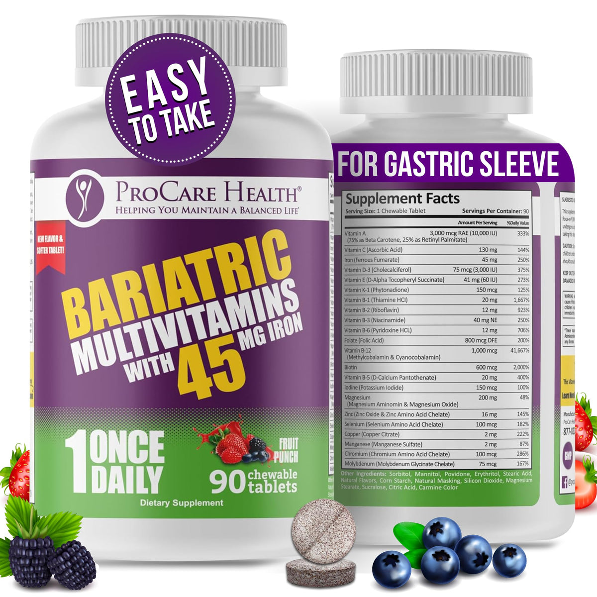 ProCare Health bariatric multivitamin chewable with fruit punch bottle for daily support.