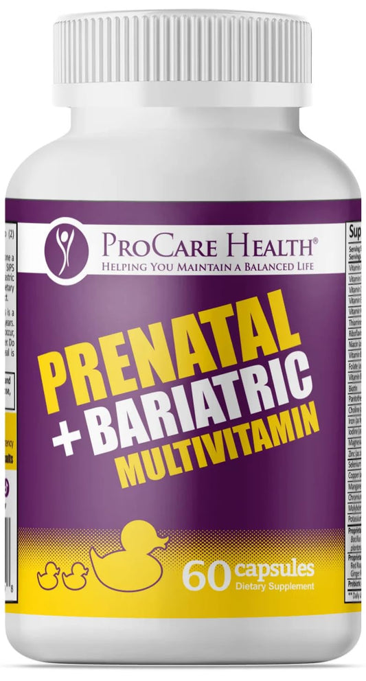 ProCare Health prenatal bariatric multivitamin bottle supports post-surgery nutrition.