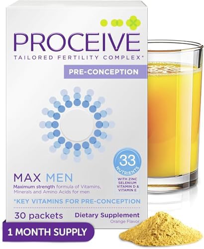 Proceive Max Men bottle pouring orange powder for daily fertility support.