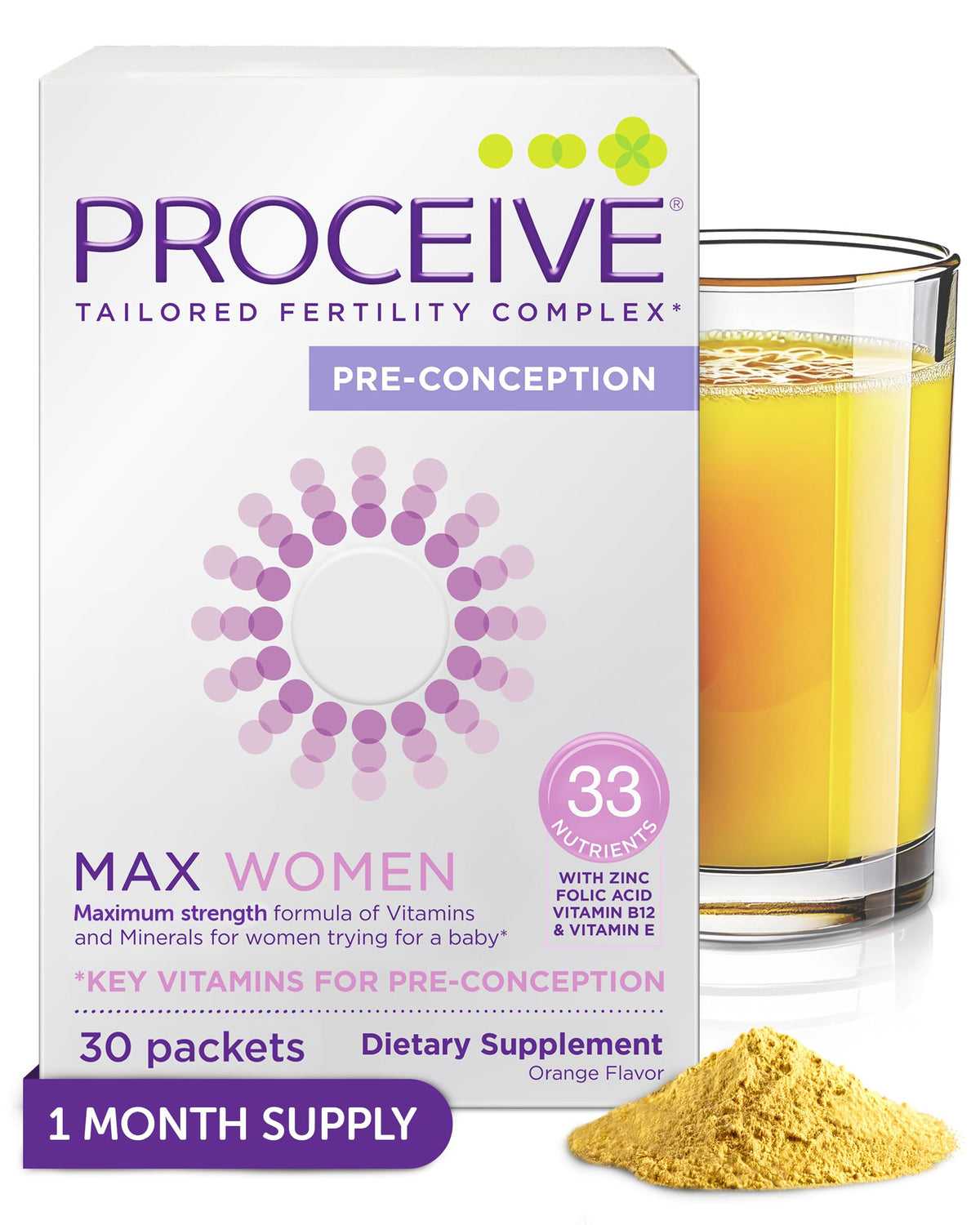 Proceive Max Women orange packet ready to mix for preconception support.