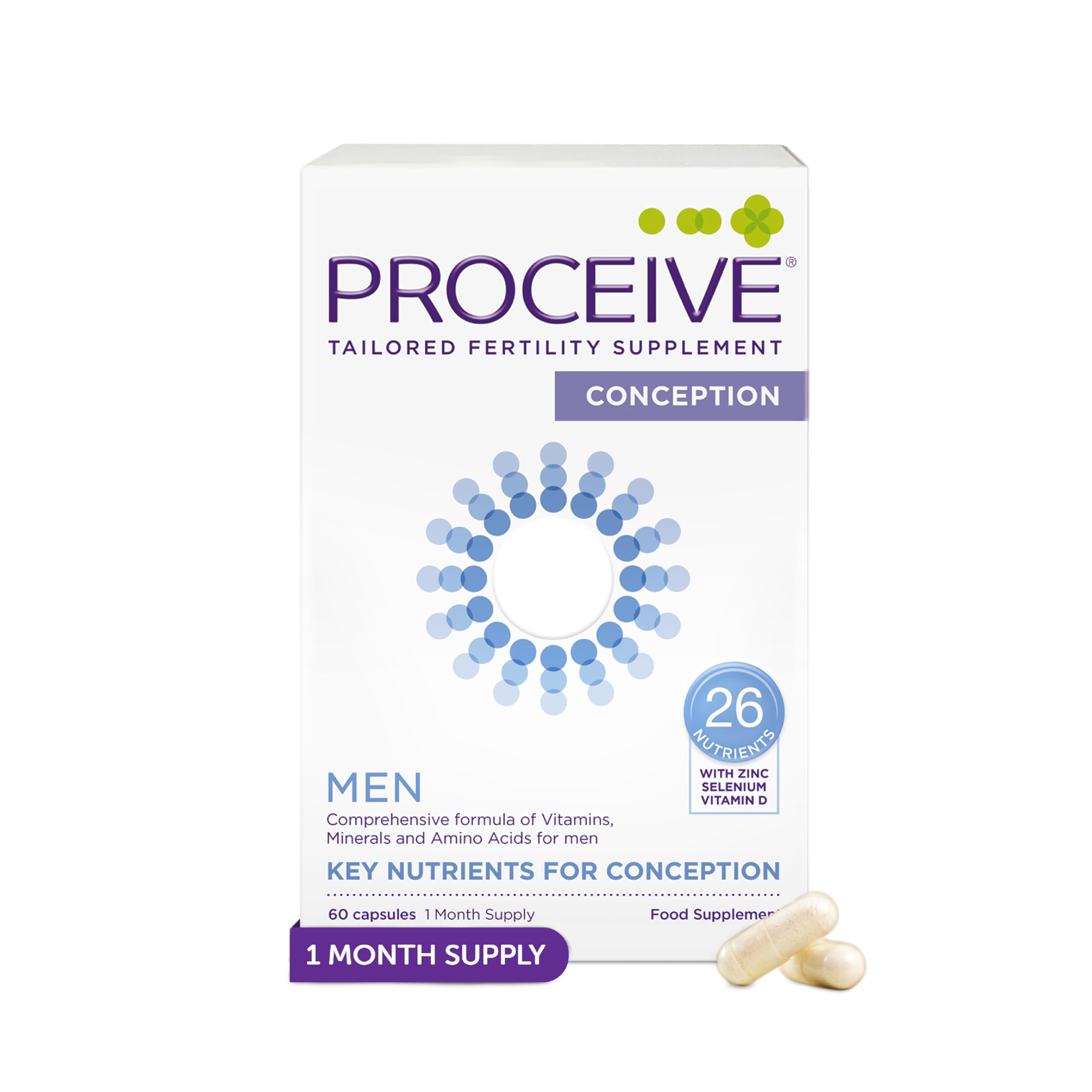 Proceive Men bottle front; preconception support for men.