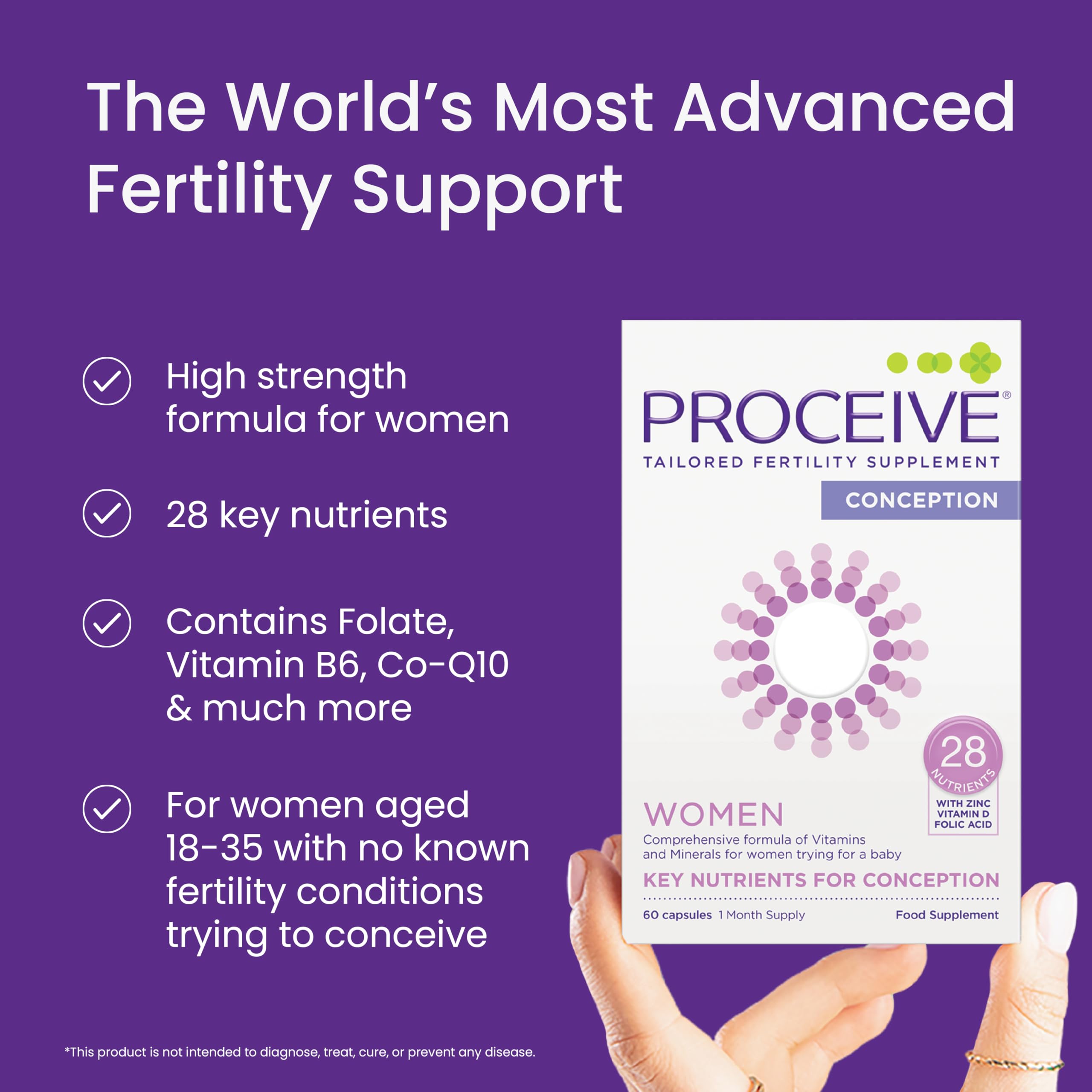 Proceive Women capsules open display vegan tablets for conceiving preparation.