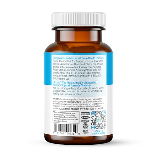 Closeup of Procera Advanced Brain capsules highlighting a simple daily use for improved concentration.